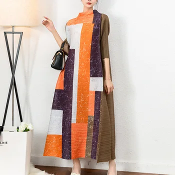 Свободное платье-органайзер Miyake в складку большого размера с геометрическим принтом и прямым большим подолом, модное платье средней длины