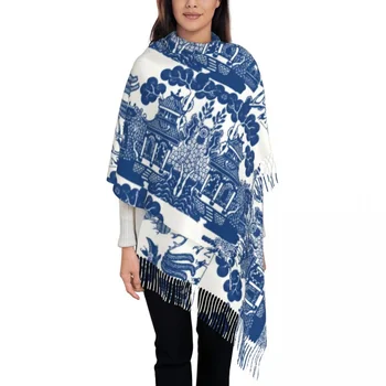 Индивидуальный печатный шарф Blue Willow Chinoiserie, сине-белый фарфор, Вдохновляющий Шарф, Мужские, Женские Зимние Теплые шарфы, Шаль, Обертывание
