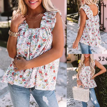 2021 Amazon eBay Летняя новинка Европейской и американской моды, повседневная свободная женская рубашка без рукавов с цветочным рисунком и квадратным воротником