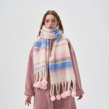 Новый, свежий и простой женский шарф из шерсти в контрастную полоску, обернутый морозостойким плюшевым воротником и шалью.