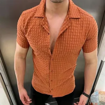 Мужская однотонная дышащая рубашка с короткими рукавами и отворотами