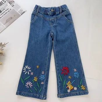 Осенние Новые мягкие джинсы для девочек, хлопковые детские брюки, высококачественные джинсы с цветочной вышивкой