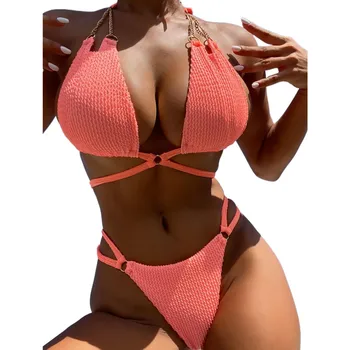 Женский купальник с кабельной стяжкой, сексуальный раздельный пляжный бикини сплошного цвета