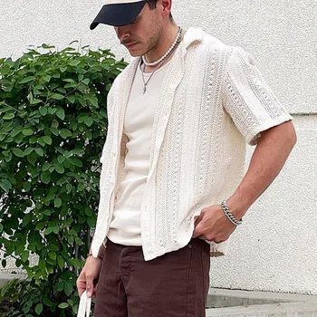 Повседневная мужская рубашка с кружевным вырезом из драпа, повседневная трендовая мужская одежда с короткими рукавами
