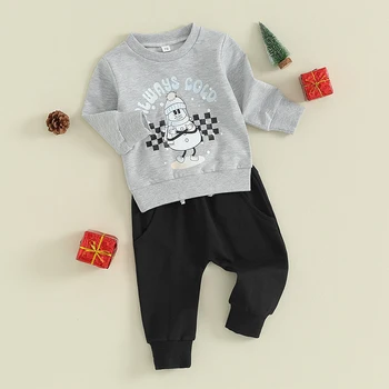 Рождественские наряды для маленьких мальчиков, толстовки с длинными рукавами и принтом снеговика с буквенным принтом, однотонные длинные брюки, комплект одежды из 2 предметов