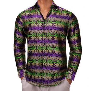 Роскошные рубашки для мужчин, шелковые с длинным рукавом, Сине-фиолетовый цветок, Приталенные Мужские блузки, Повседневные формальные топы, дышащие Barry Wang