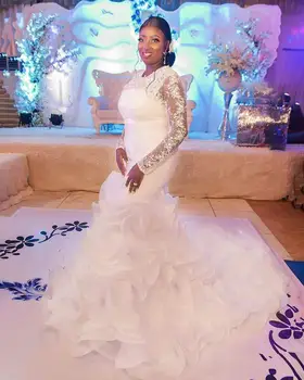 Романтическое кружевное свадебное платье с оборками и круглым вырезом, свадебные платья с длинными рукавами в стиле русалки