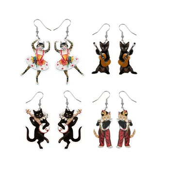 Аниме-творчество, Милые серьги с кошками, играющими на флейте, пианино, гитаре, серьги для балетных танцев с черными кошками, интересный подарок