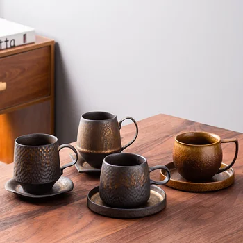 Кофейная чашка с позолоченной глазурью, японский набор чашек и блюдец, творческая личность, кружка для молока, офисный дом, грубая керамическая чашка для воды