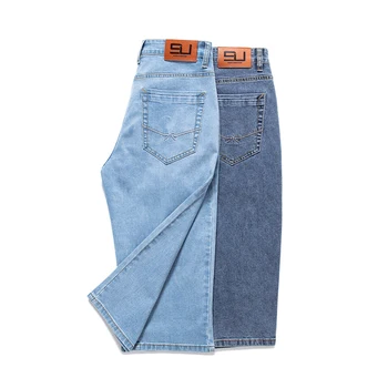 Летние мужские укороченные брюки из тонкого эластичного денима в классическом стиле, деловая мода, хлопковые синие короткие джинсы обычной посадки, мужской бренд