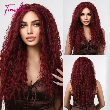 Кудрявые синтетические парики с кружевом спереди, глубокая волна, бордово-красный парик, длинные упругие пушистые волосы для афро-женщин, повседневные Термостойкие