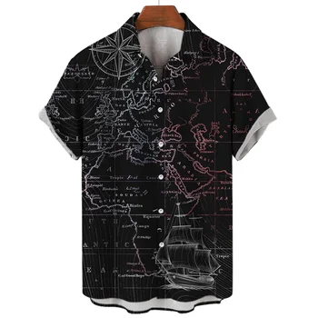 Рубашки с изображением морских карт для мужчин, одежда с 3D принтом, гавайские пляжные рубашки, Топы y2k с коротким рукавом, винтажная одежда, блузка с отворотом