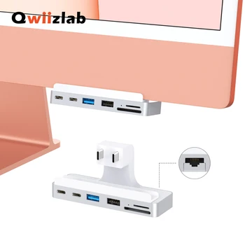 Qwiizlab USB C Концентратор 7-в-1 Адаптер USB-C 10 Гбит /с USB-A 5 Гбит /с Кард-ридеры 100 Мбит/с Gigabit Ethernet для iMac 2021 24-дюймовый M1