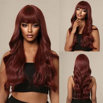 Длинные темно-красные синтетические парики с челкой объемной волны, натуральные накладные волосы для чернокожих женщин, парик для косплея на ежедневной вечеринке, Термостойкий