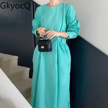 GkyocQ Новое шикарное осеннее платье в корейском стиле, простой темперамент, круглый вырез, большие карманы, дизайн, талия, длинные рукава, однотонные платья