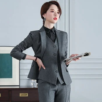 Формальный серый блейзер, женские деловые костюмы, комплекты из жилета, брюк и жакета из 3 предметов, офисная женская рабочая форма, брючные костюмы OL Styles