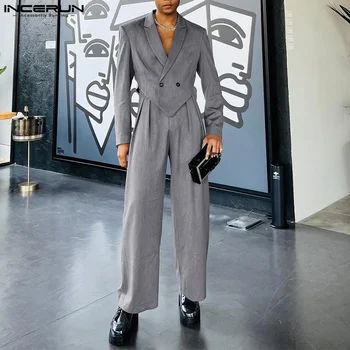 INCERUN 2023, Красивые Мужские комплекты в Американском стиле, Пиджаки с длинными рукавами, Длинные брюки, Стильные Однотонные Двухцветные Комплекты из двух предметов, S-5XL