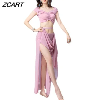 Новые женские костюмы для танца живота, сексуальный укороченный топ с высоким разрезом, длинная юбка, облегающий наряд для восточных танцев, элегантная танцевальная одежда
