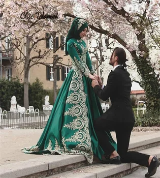 Винтажное зеленое мусульманское свадебное платье с золотым кружевом, Элегантное Марокканское, Дубайское, Арабское, готическое Платье невесты 2023, Абая трапециевидной формы с длинным рукавом.