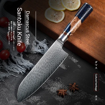 7-дюймовый нож Сантоку с 67 слоями лезвия из дамасской стали, острый кухонный тесак для шеф-поваров, Сашими, суши, кухонные ножи с ручкой из дерева и смолы