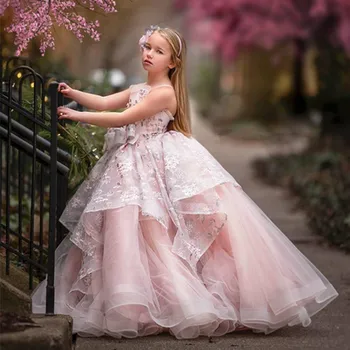 Розовое бальное платье с жемчугом, платья для девочек в цветочек, свадебные платья с оборками, многоуровневый вырез, праздничные платья на день рождения, платье для первого причастия