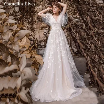 Новые свадебные платья трапециевидной формы в стиле Бохо-шик, кружевные аппликации, халаты невесты, Пляжное свадебное платье принцессы с открытой спиной, Vestidos De Novia