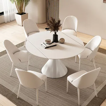 Многофункциональный легкий роскошный обеденный стол из каменной плиты с регулируемым квадратным и круговым вращением и расширением
