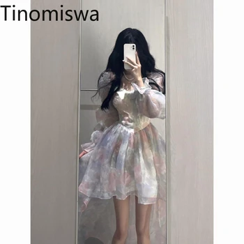 Tinomiswa, Милое платье принцессы во французском стиле, Женские асимметричные платья с квадратным воротником и длинным рукавом, Женский темперамент, халат Femme