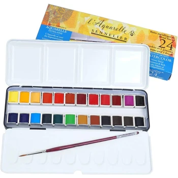 Французский Sennelier L'Aquarelle 24/48 цветных половинок, Акварельные краски, Профессиональная кисть для рисования акварелью, металлическая коробка для художника
