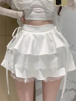 Кавайная Белая мини-юбка с рюшами, Женская Корейская мода, милая короткая юбка, Женская Летняя Бандажная кружевная двухслойная сексуальная юбка с высокой талией