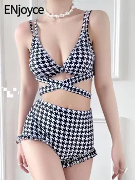 Наслаждайтесь 2023 Летними Женскими Корейскими модными клетчатыми бикини-костюмами, комплектами из 2 предметов, купальниками с высокой талией, пляжной одеждой для плавания.
