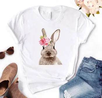 Женская свободная футболка с круглым вырезом и коротким рукавом, летняя повседневная футболка, топы, женская футболка с цветочным принтом в виде кролика