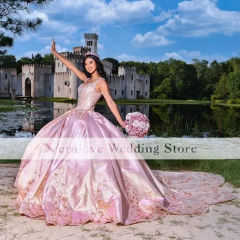Пышные платья принцессы розового цвета с кружевной аппликацией на тонких бретельках, милое платье 16 на шнуровке с блестками, Vestidos De 15 Años