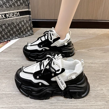 Модные женские кроссовки на массивном каблуке, черные, белые теннисные туфли на платформе для женщин, дышащая спортивная обувь для пап