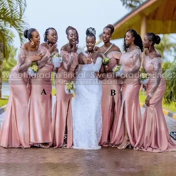 Платья подружек невесты с кружевами из розового золота, прозрачные платья с длинными рукавами и открытыми плечами, с разрезом по бокам, свадебное платье Русалки для женщин