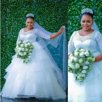Многоуровневые Свадебные платья в Нигерийском стиле, Летний Кружевной топ С длинными рукавами, Большие размеры, Свадебные платья, Тюлевое бальное платье, Африканская свадьба