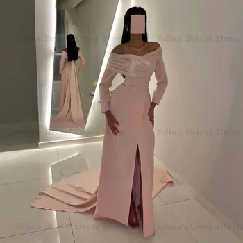 Выпускные платья с открытыми плечами для Musilm с Пышными рукавами, Розовое Атласное Вечернее платье со шлейфом-кистью с Разрезом, Саудовская Аравия