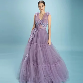Модный дизайн 2023 года, Фиолетовые тюлевые платья для выпускного вечера с V-образным вырезом, вечерние платья трапециевидной формы без рукавов для женщин, vestidos de noche