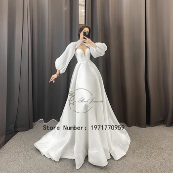 Простые Белые свадебные платья принцессы с высоким воротом Для женщин 2023, Классические Свадебные платья с пышными рукавами и шлейфом из мягкого шифона