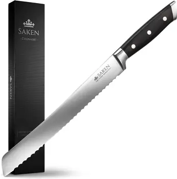Нож для хлеба 10 дюймов - Зазубренный нож из Высокоуглеродистой немецкой стали с Эргономичной ручкой из Черного дерева Pakkawood и оригинальным дизайном - Long Brea