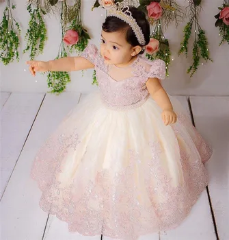 Милое Розовое кружевное платье в цветочек для девочки, тюлевое платье для дня рождения для малышей, детская одежда для свадьбы, дня рождения, платье с коротким рукавом