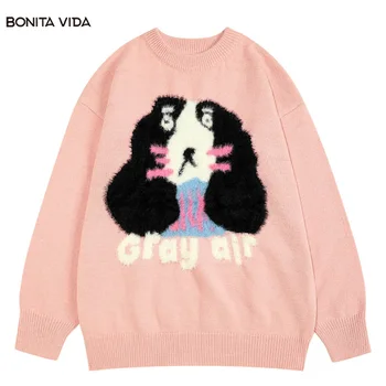 Розовый свитер Harajuku, Забавный Вязаный Джемпер с милой мультяшной собачкой, Уличная одежда 2023, Хип-хоп Мода, Мужские Повседневные Свободные пуловеры, свитера