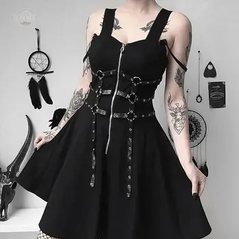 2023 Новое женское готическое винтажное Черное мини-платье, уличная одежда, панк-пояс, лоскутное платье на молнии в стиле харадзюку, мини-платья с высокой талией