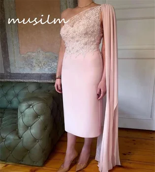 Розовое вечернее платье с кружевом на одно плечо, элегантные атласные Тонкие платья для выпускного вечера в арабском стиле чайной длины, женская коктейльная одежда для выпускного вечера