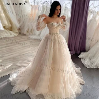 Кружевное свадебное платье LINDO NOIVA с аппликациями в стиле бохо, Элегантное свадебное платье принцессы трапециевидной формы с пышными рукавами в виде сердца, платья для невест 2023