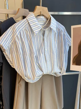 Рубашка в синюю полоску с короткими рукавами Iyundo, женская летняя нишевая Тонкая Винтажная повседневная рубашка с коротким воротником-лацканом, Женские топы, Корейская шикарная одежда