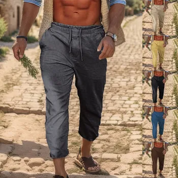 Мужская новая летняя хлопчатобумажная льняная однотонная свободная пляжная одежда с завязками, джинсовые брюки для дома, мужские брюки с парашютом