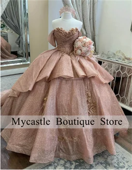 Блестящее Пышное платье с 3D Цветами из Розового золота с открытыми плечами 2023 С оборками, Бальное платье Принцессы для Sweet 16, Платье на шнуровке