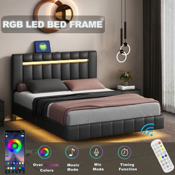 Уникальная плавающая светодиодная кровать, каркас кровати со светодиодной подсветкой и USB-зарядкой, современный каркас кровати на платформе со светодиодной обивкой размера Queen-Size, черный