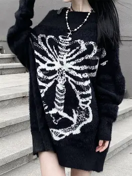 Осенний черный свитер с граффити оверсайз Y2K, эстетичный пуловер свободной вязки в стиле харадзюку, сексуальный повседневный джемпер в стиле гранж с вырезом лодочкой